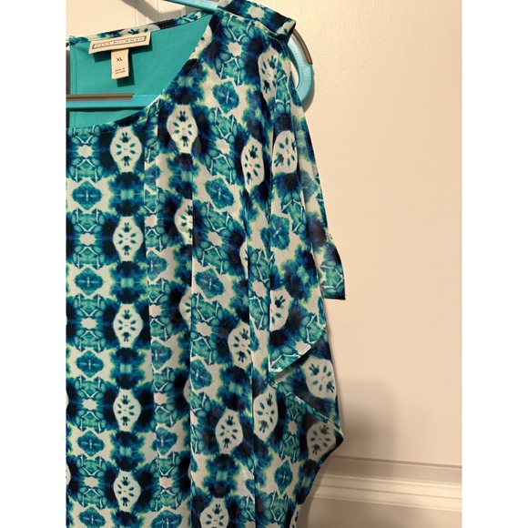Dana Buchman Women's XL Teal Blue Geometric Print Sleeveless Ruffle Dress Lined - Picture 5 of 14